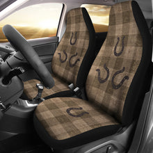 Load image into Gallery viewer, Dark Burlap Style Buffalo Plaid Car Seat Covers With Rustic Horseshoes Western Cowboy Farmhouse