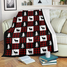 Load image into Gallery viewer, Black, White and Red Buffalo Plaid With Buck and Pine Tree Patchwork Pattern Fleece Throw Blanket