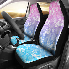 Load image into Gallery viewer, Blue, Purple and Pink Ombre With White Hibiscus Pattern Overlay Car Seat Covers Set of 2