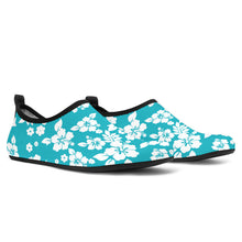 Load image into Gallery viewer, Teal and White Hibiscus Hawaiian Pattern Water Shoes