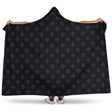 Load image into Gallery viewer, Black With Gray Fleur De Lis Pattern Hooded Blanket With Sherpa Lining