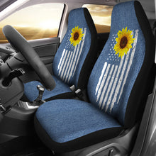 Load image into Gallery viewer, Distressed American Flag With Rustic Sunflower on Light Blue Denim Style Car Seat Covers