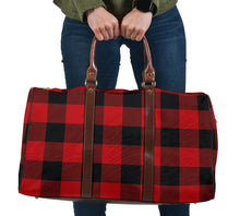 Load image into Gallery viewer, Red and Black Buffalo Plaid Travel Bag, Duffel Bag With Brown Faux Leather Handles