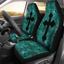 Load image into Gallery viewer, Turquoise Tooled Leather Style Car Seat Covers With Catholic Style Christian Cross