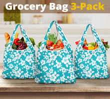 Load image into Gallery viewer, Teal and White Hibiscus Flower Pattern Reusable Grocery Shopping Bags Pack of 3