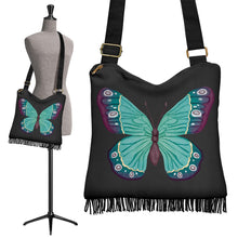 Load image into Gallery viewer, Watercolor Green and Purple Butterfly Boho Bag With Fringe