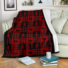 Load image into Gallery viewer, Red and Black Buffalo Plaid Deer Buck Pine Tree Patchwork Pattern Fleece Throw Blanket