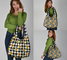Load image into Gallery viewer, Sunflower Pattern on Black and White Buffalo Plaid Reusable Grocery Shopping Bags