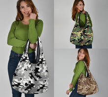 Load image into Gallery viewer, Camo Grocery Shopping Bags Pack of 3 In Green, Gray and Brown Camouflage Patterns