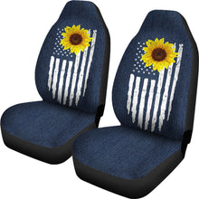 Load image into Gallery viewer, Distressed American Flag With Rustic Sunflower on Dark Blue Jean Faux Denim Style Car Seat Covers