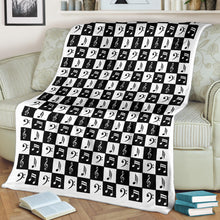 Load image into Gallery viewer, Black and White Checkered Music Note Pattern Fleece Throw Blanket With White Border