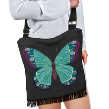 Load image into Gallery viewer, Watercolor Green and Purple Butterfly Boho Bag With Fringe