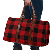 Load image into Gallery viewer, Red and Black Buffalo Plaid Travel Bag, Duffel Bag With Brown Faux Leather Handles