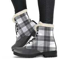 Load image into Gallery viewer, Gray and White Plaid Faux Fur Lined Vegan Leather Boots With Gray Toe