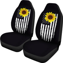 Load image into Gallery viewer, Distressed American Flag With Rustic Sunflower on Black Car Seat Covers