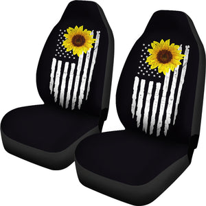 Distressed American Flag With Rustic Sunflower on Black Car Seat Covers