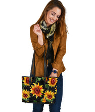 Load image into Gallery viewer, Sunflowers on Black Vegan Leather Tote Bag