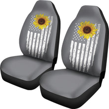 Load image into Gallery viewer, Gray With Distressed American Flag and Sunflower Car Seat Covers Set