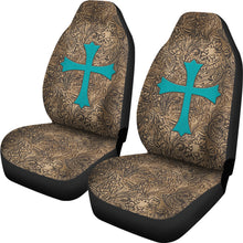Load image into Gallery viewer, Brown Tooled Leather Design With Turquoise Suede Cross Printed Car Seat Covers Set