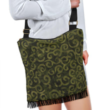 Load image into Gallery viewer, Olive Green Batik Swirls Design Canvas Printed Boho Bag With Fringe Crossbody Shoulder Purse