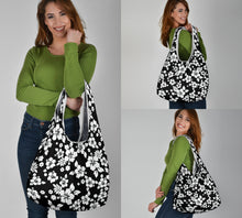 Load image into Gallery viewer, Black and White Hibiscus Flower Pattern Grocery Shopping Bags Pack of 3