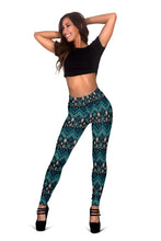 Load image into Gallery viewer, Black and Teal Blue Ethnic Pattern Leggings