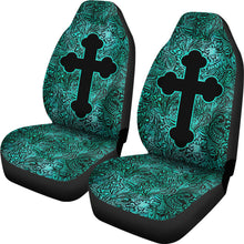 Load image into Gallery viewer, Turquoise Tooled Leather Style Car Seat Covers With Catholic Style Christian Cross