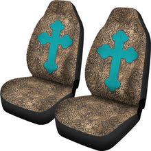 Load image into Gallery viewer, Brown Tooled Leather Car Seat Covers Set With Turquoise Cross