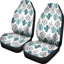 Load image into Gallery viewer, Teal and Gray Boho Cactus Pattern On White Car Seat Covers Set of 2