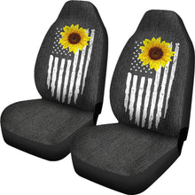 Load image into Gallery viewer, Distressed American Flag With Rustic Sunflower on Dark Gray Faux Denim Style Car Seat Covers