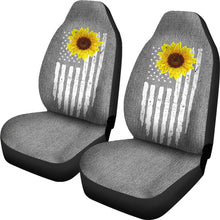 Load image into Gallery viewer, Distressed American Flag With Rustic Sunflower on Light Gray Denim Style Car Seat Covers