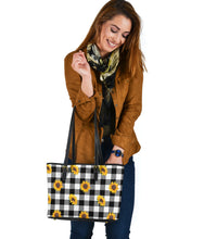 Load image into Gallery viewer, Black White Buffalo Plaid With Sunflowers Tote Bags