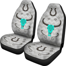 Load image into Gallery viewer, Turquoise Boho Cow Skull on Gray Chevron Car Seat Covers Set