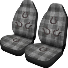 Load image into Gallery viewer, Gray Faux Denim Buffalo Plaid Car Seat Covers With Rustic Horseshoes Seat Protectors Western Cowboy