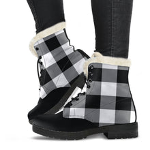 Load image into Gallery viewer, Black and White Buffalo Check Vegan Leather Faux Fur Lined Winter Boots Color Block With White Black Toe