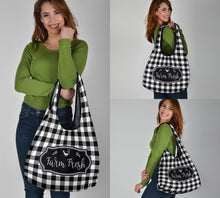 Load image into Gallery viewer, Black and White Buffalo Plaid Farm Fresh Grocery Bags Set of 3