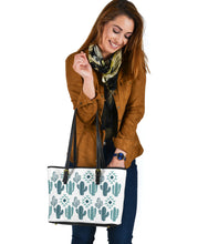 Load image into Gallery viewer, Teal Boho Cactus Pattern Faux Leather Tote Bag