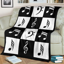 Load image into Gallery viewer, Black and White Large Checkered Music Notes Pattern Fleece Throw Blanket