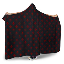 Load image into Gallery viewer, Black With Red Fleur De Lis Hooded Blanket With Sherpa Lining