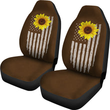 Load image into Gallery viewer, Distressed American Flag With Rustic Sunflower on Dark Brown Faux Suede Style Car Seat Covers