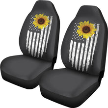 Load image into Gallery viewer, Charcoal Gray With Distressed American Flag and Sunflower Car Seat Covers Set