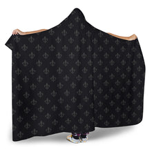 Load image into Gallery viewer, Black With Gray Fleur De Lis Pattern Hooded Blanket With Sherpa Lining