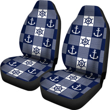 Load image into Gallery viewer, Navy Blue and White Nautical and Chevron Pattern Patchwork Car Seat Covers Set of 2