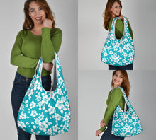 Load image into Gallery viewer, Teal and White Hibiscus Flower Pattern Reusable Grocery Shopping Bags Pack of 3
