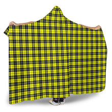 Load image into Gallery viewer, Yellow, Black and White Plaid Tartan Pattern Hooded Blanket With Tan Sherpa Lining