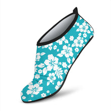 Load image into Gallery viewer, Teal and White Hibiscus Hawaiian Pattern Water Shoes