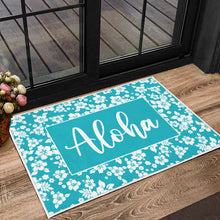 Load image into Gallery viewer, Aloha Hawaiian Hibiscus Teal and White Door Mat Welcome Mat