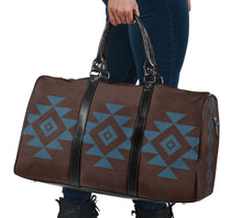 Load image into Gallery viewer, Brown Faux Suede and Blue Tribal Design Travel Bag Duffel With Black Faux Leather Handles