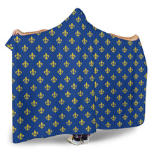Load image into Gallery viewer, Blue and Gold Fleur De Lis Pattern Hooded Blanket 2