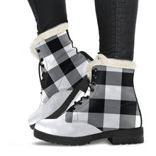 Load image into Gallery viewer, Black White Buffalo Plaid Color Block Vegan Leather Faux Fur Lined Winter Boots With White Toe